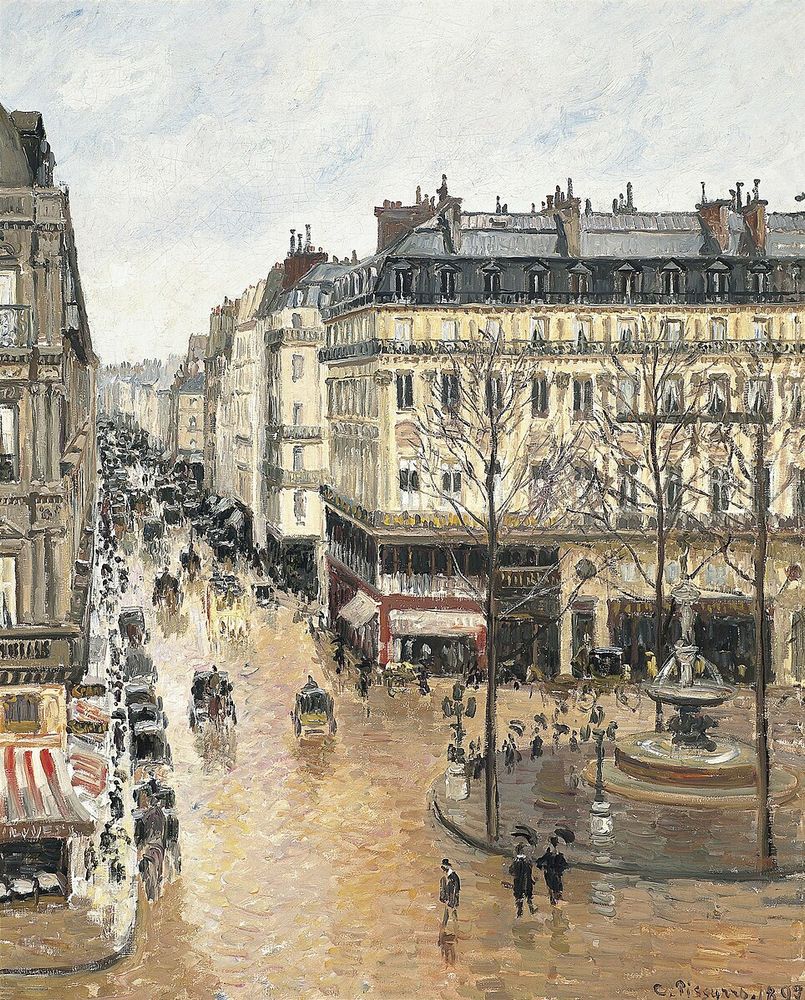 Camille Pissarro - Rue Saint-Honoré, dans l'après-midi. Effet de pluie

Elle fait partie d'une série d'œuvres que Pissarro réalisa en 1897-1898 depuis une fenêtre du Grand Hôtel du Louvre , dominant la place du Théâtre Français (aujourd'hui place André-Malraux  ) et la rue Saint - Honoré . Elle représente les gens, les voitures et les bâtiments, les arbres, les fontaines et les lampadaires, sous une averse de début d'après-midi. D'autres tableaux de la série représentent une scène similaire au soleil du matin ou à l'ombre du soir. Le tableau mesure 81 cm × 65 cm.