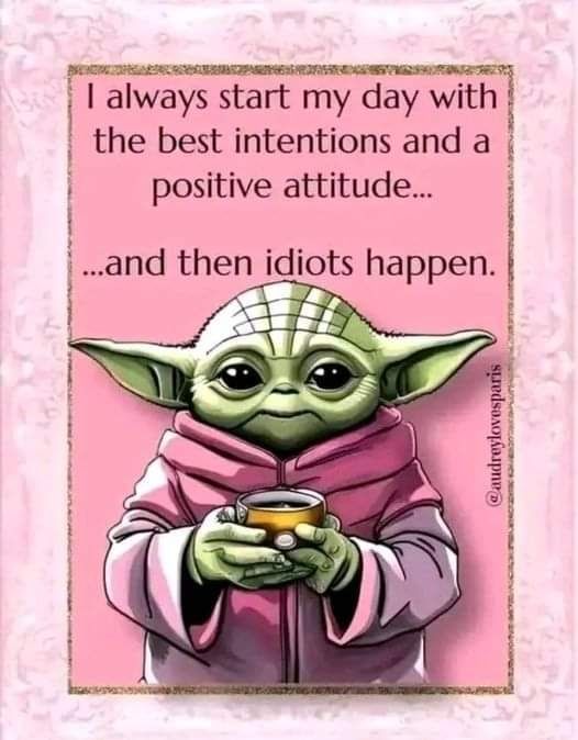 Grogu holding a cup of coffee, with caption "I always start my day with the best intentions and a positive attitude... and then idiots happen."