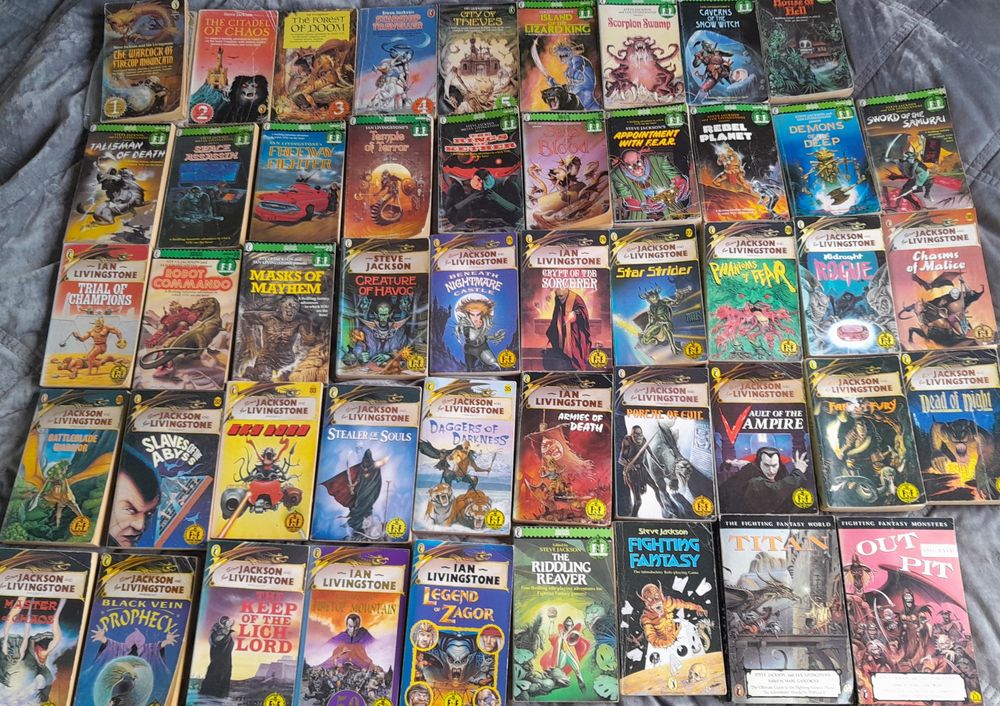 Collection of Fighting Fantasy gamebooks from #1 The Warlock of Firetop Mountain to #43 The Keep of the Lich Lord, #50 Return to Firetop Mountain and #54 Legend of Zagor; plus the Fighting Fantasy rulebook, The Riddling Reaver adventure; and the background books Titan and Out of the Pit.