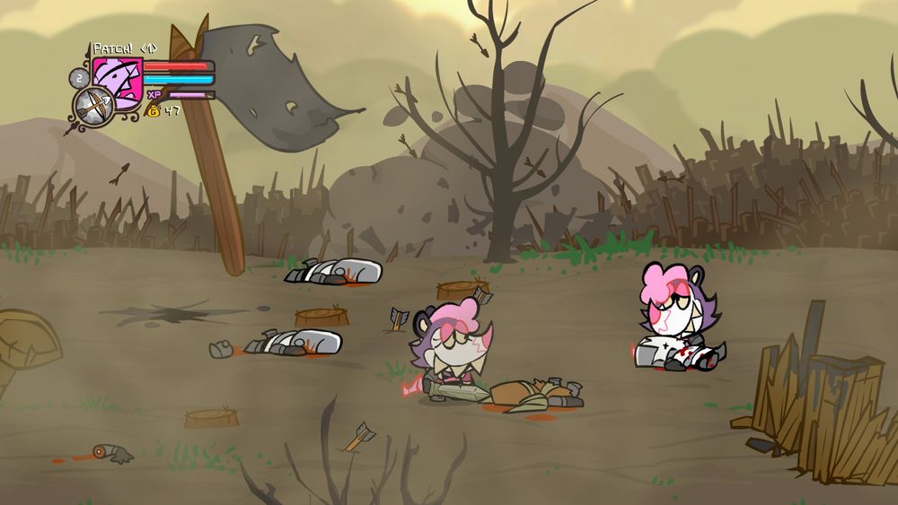 Two opossums in the middle of a battle field one appears to be looting a  body on the ground while the other watches nonchalantly. There are atleast 4 bodies on the ground with a swath of enemies clash in the far background with more damaged objects in the foreground. The opossum has replaced the Bandit character in Castle Crashers