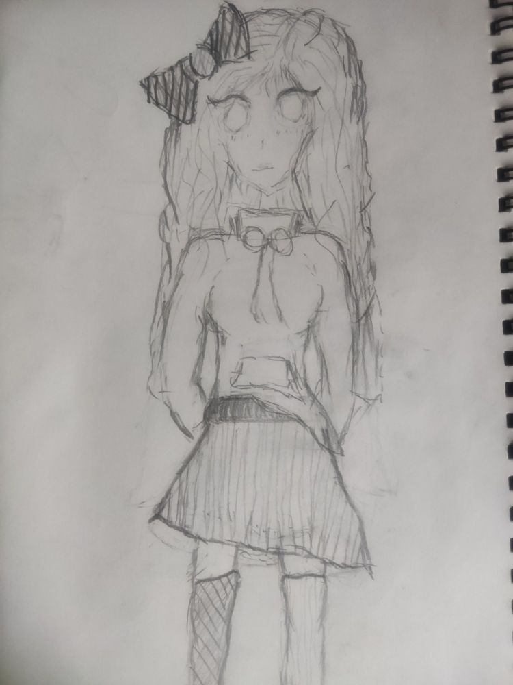sketch of a character with bow in their hair, skirt and a hoodie