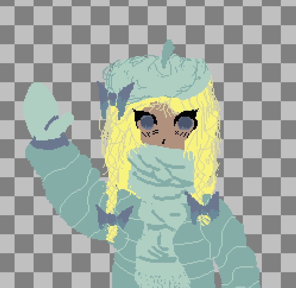 pixelart character from the game "hemomancer"
with yellow hair and blue winter clothes