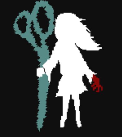 white shadow character with green scissors and red claw