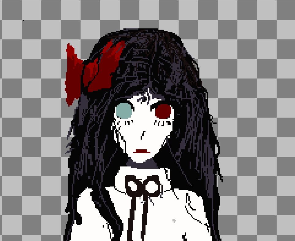 person with heterochromia eyes (green, red), white skin and black hair with red bow