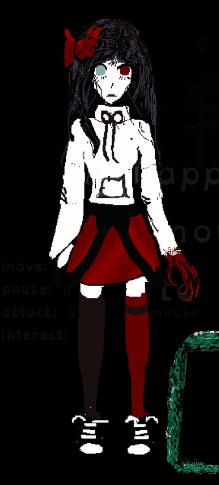pixelart sprite of a character with bow in their hair, skirt and a hoodie