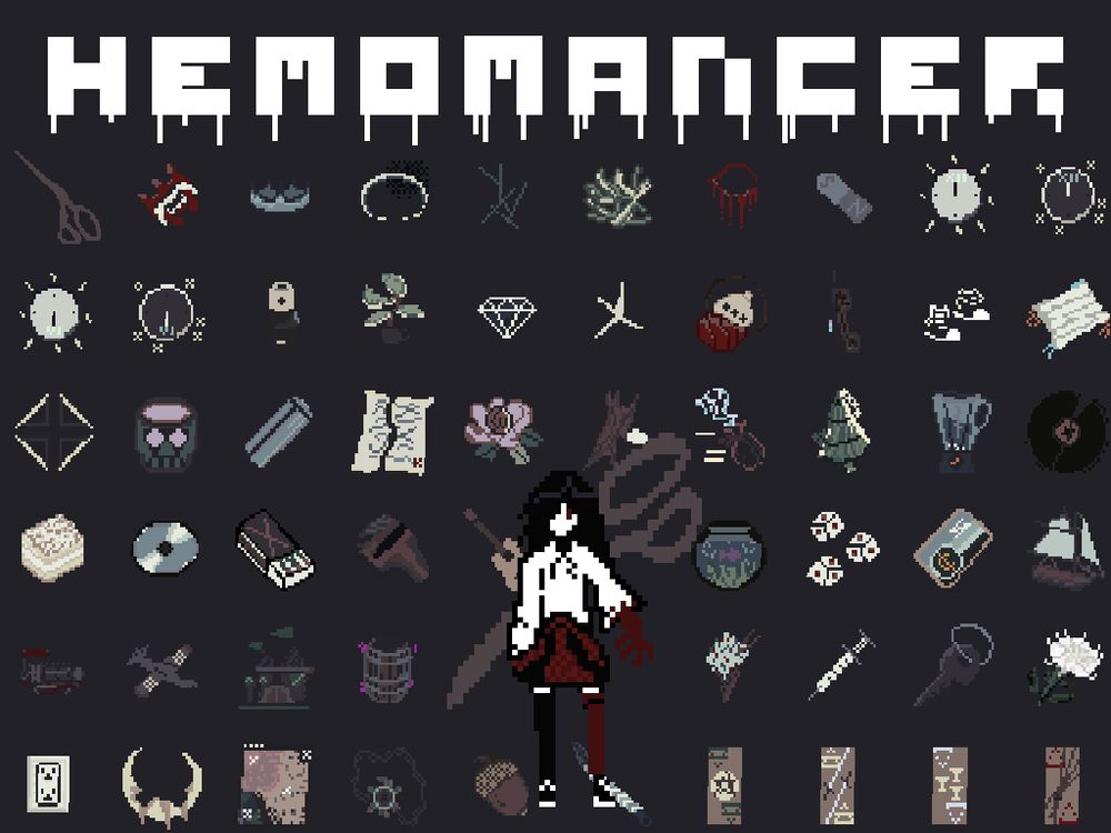 hemomancer game cover art, character with scissors on the back in front of background with many items