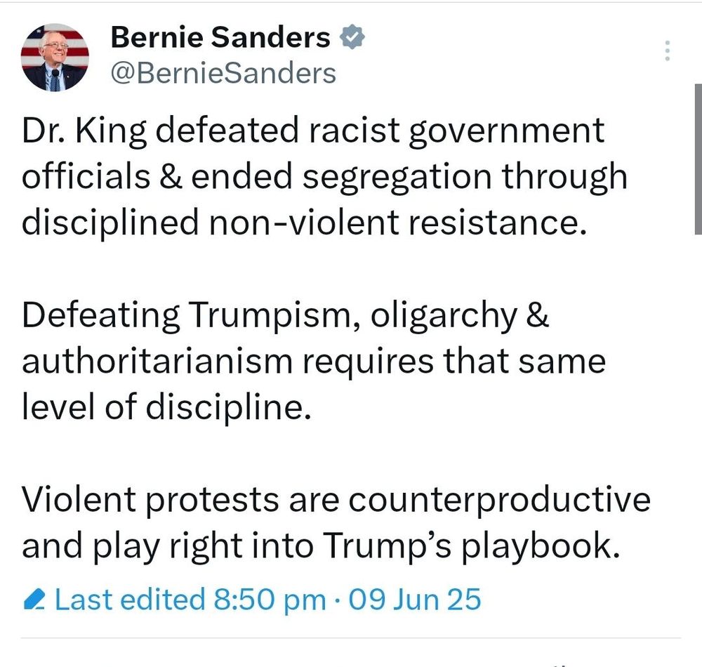 Dr. King defeated racist government officials & ended segregation through disciplined non-violent resistance.

Defeating Trumpism, oligarchy & authoritarianism requires that same level of discipline.

Violent protests are counterproductive and play right into Trump's playbook.