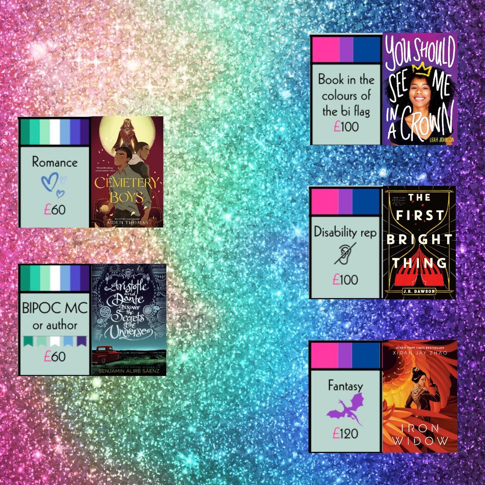 Page one of prideopoly recs.

Gay + Romance- Cemetery Boys by Aiden Thomas.
Gay + BIPOC MC or Author- Aristotle and Dante Discover the Secrets of the Universe by Benjamin Alire Saenz.
Bi + Bi flag colors - You Should See Me In a Crown by Leah Johnson.
Bi + Disability Rep - The First Bright Thing by J. R. Dawson.
Bi + Fantasy - Iron Widow by Xiran Jay Zhao.