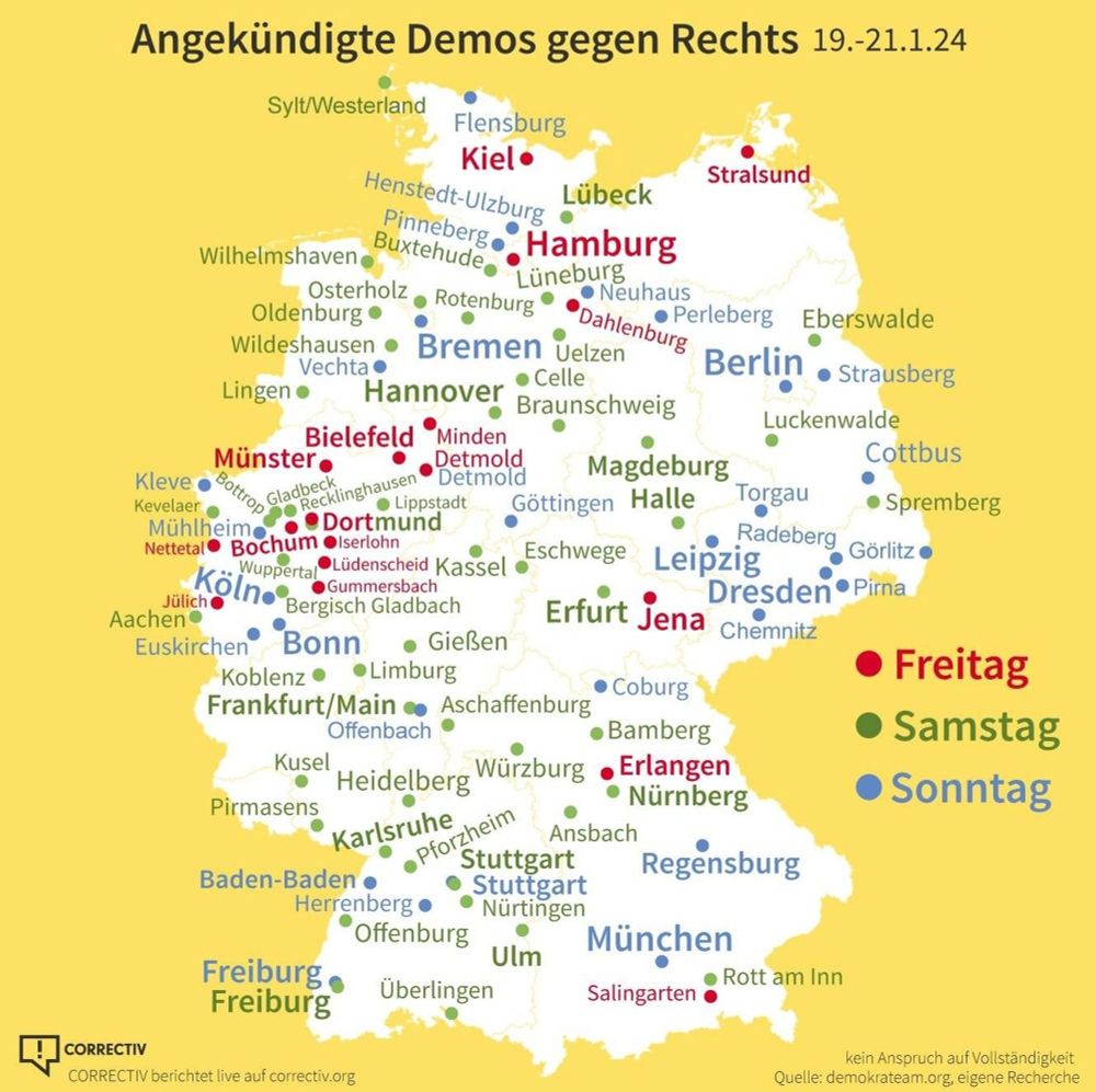 Samstag (Norden nach Süden): Pirmasens, Kalsruhe, Pforzheim, Nürnberg, Ansbach, Stuttgart, Nürtingen, Offenburg, Ulm, Rott am Inn, Überlingen, Freiburg
Sonntag (Norden nach Süden): Flensburg, Henstedt-Ulzburg, Pinneberg, Neuhaus, Perleberg, Berlin, Strausberg, Cottbus, Bremen, Vechta, Detmold, Torgau, Radeberg, Görlitz, Göttingen, Kleve, Mühlheim, Köln, Leipzig, Dresden, Pirna, Chemnitz, Bonn, Offenbach, Coburg, Baden-Baden, Herrenberg, Stuttgart,  Regensburg, München, Freiburg