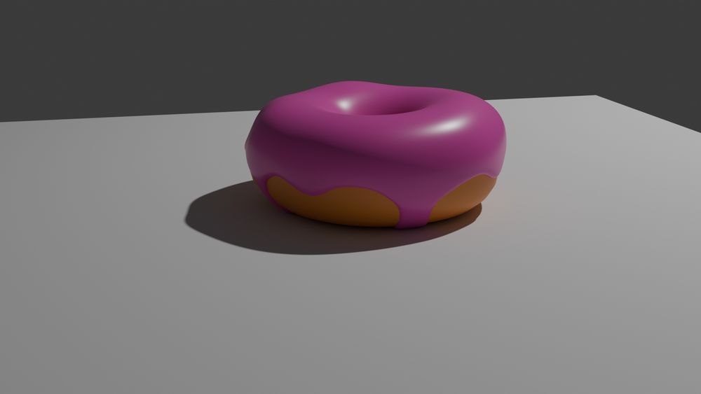 Ein in Blender erstellter Donut. Der Donut ist von der Seite sichtbar. Er hat rosa Icing, dass an der Form runterläuft.