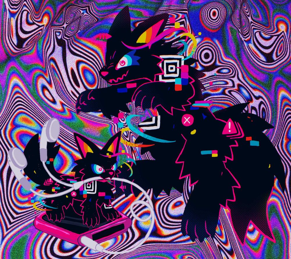 A drawing of a pitch black canine pouncing in the air, with lots of glitchy and error effects on the body. There is a mini version of the character standing on an ipod nano chewing the earbud cables