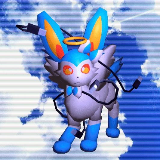 A shiny sylveon character with usb cables for ribbons, in front of a cloudy blue sky background 