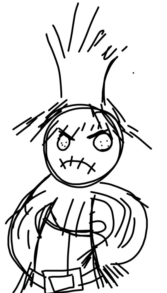 Crude drawing of a mildly upset scarecrow, or "straw man." 