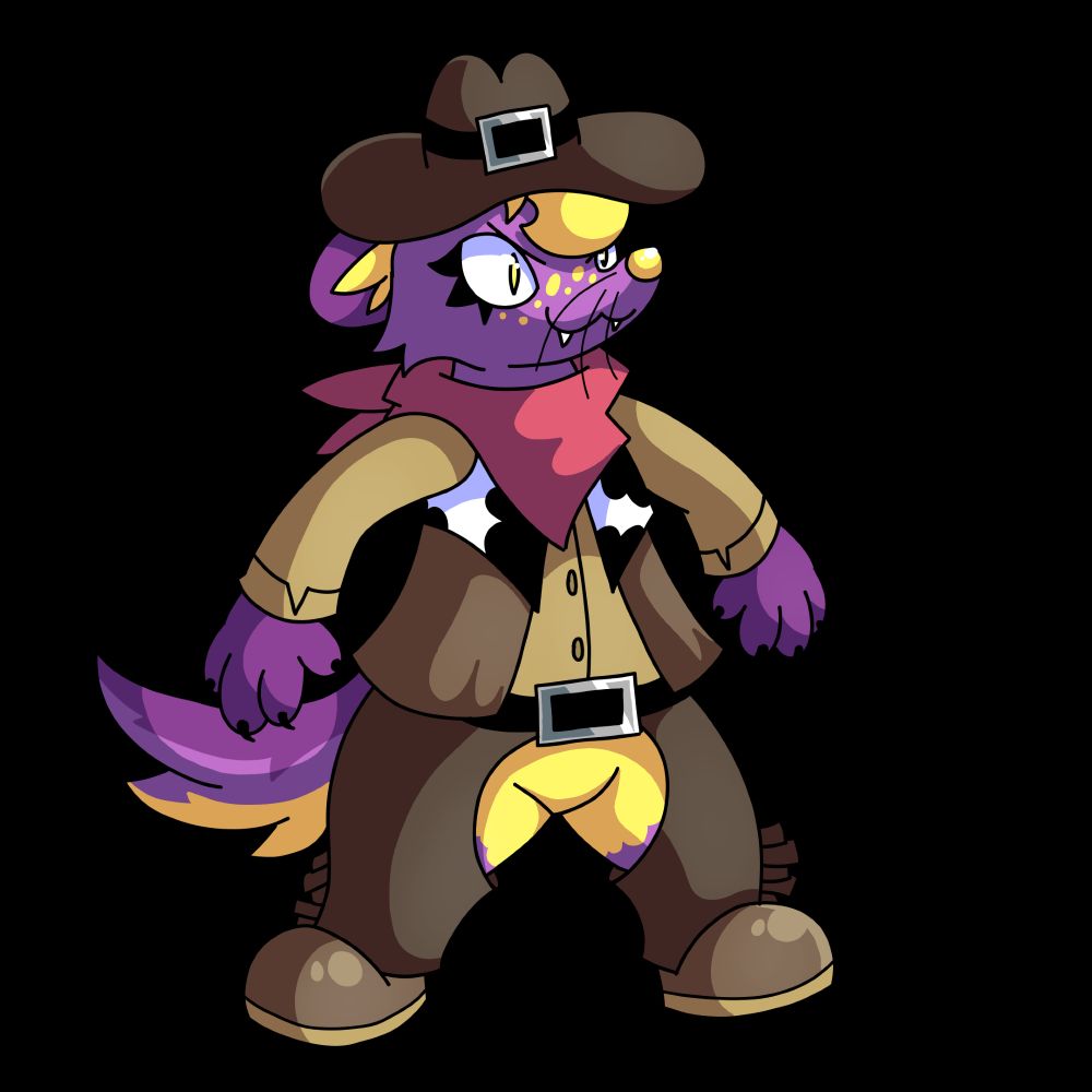 Drawing of WhiskerFjords' sona, Marlowe Bitten, wearing stereotypical cowboy attire. They are not wearing pants under their chaps. 