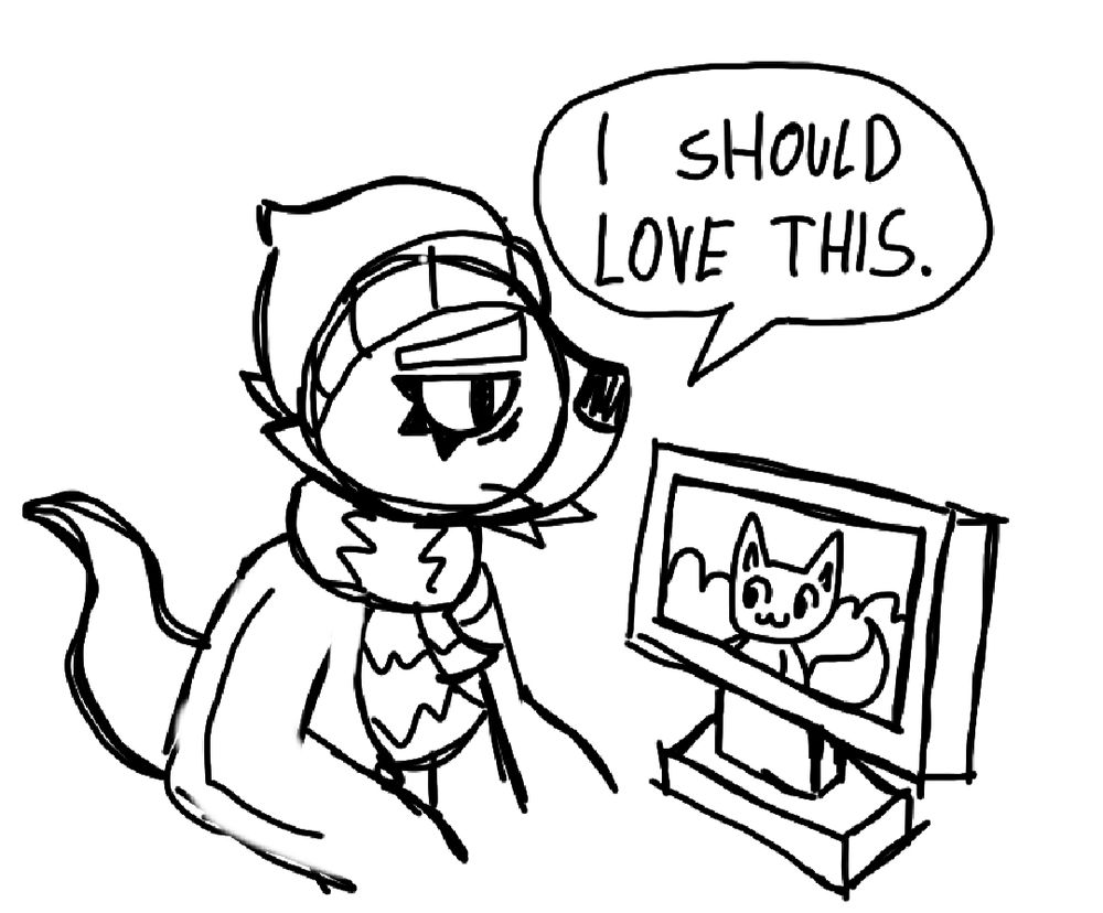 Crude drawing of a sea otter person looking at a monitor with an image of a stereotypically cute cat character and saying "I should love this."