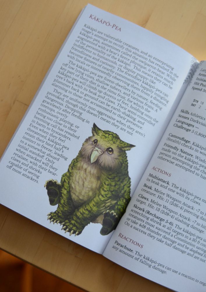 Picture of the print version of the kākāpō-pea. In the bottom right there is a picture of an kākāpō version of the owlbear, looking adorable.