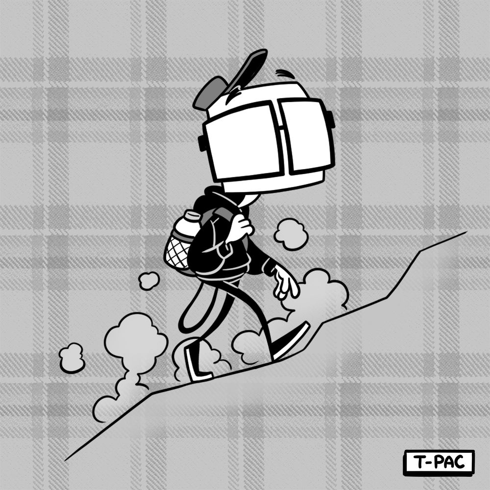 [cartoon T-Pac hikes up a hill with dust clouds around his feet]