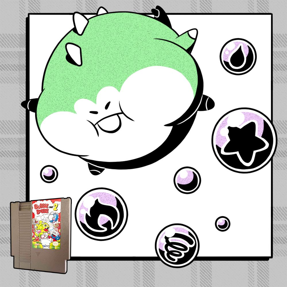 [cartoon drawing of Cubby from Bubble Bobble Part 2, puffed-up and floating with elemental bubbles]