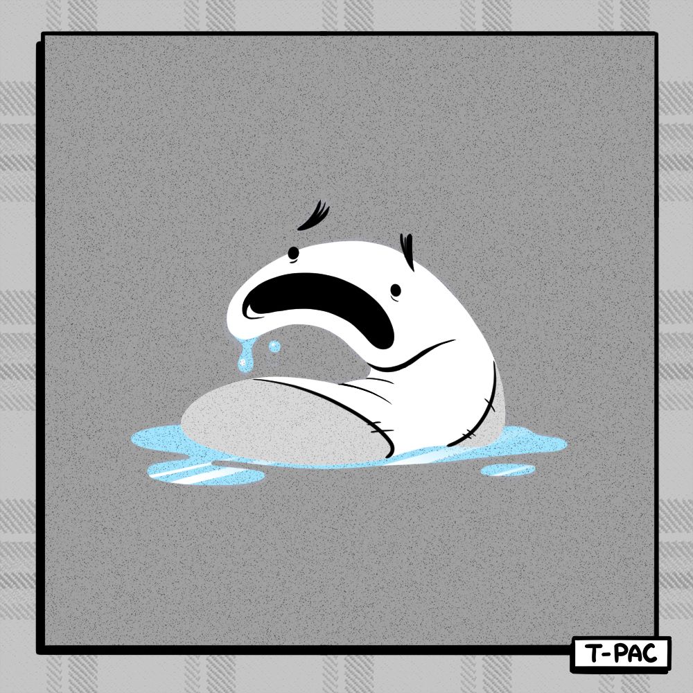 [cartoon drawing of a sad sock in a puddle of water]