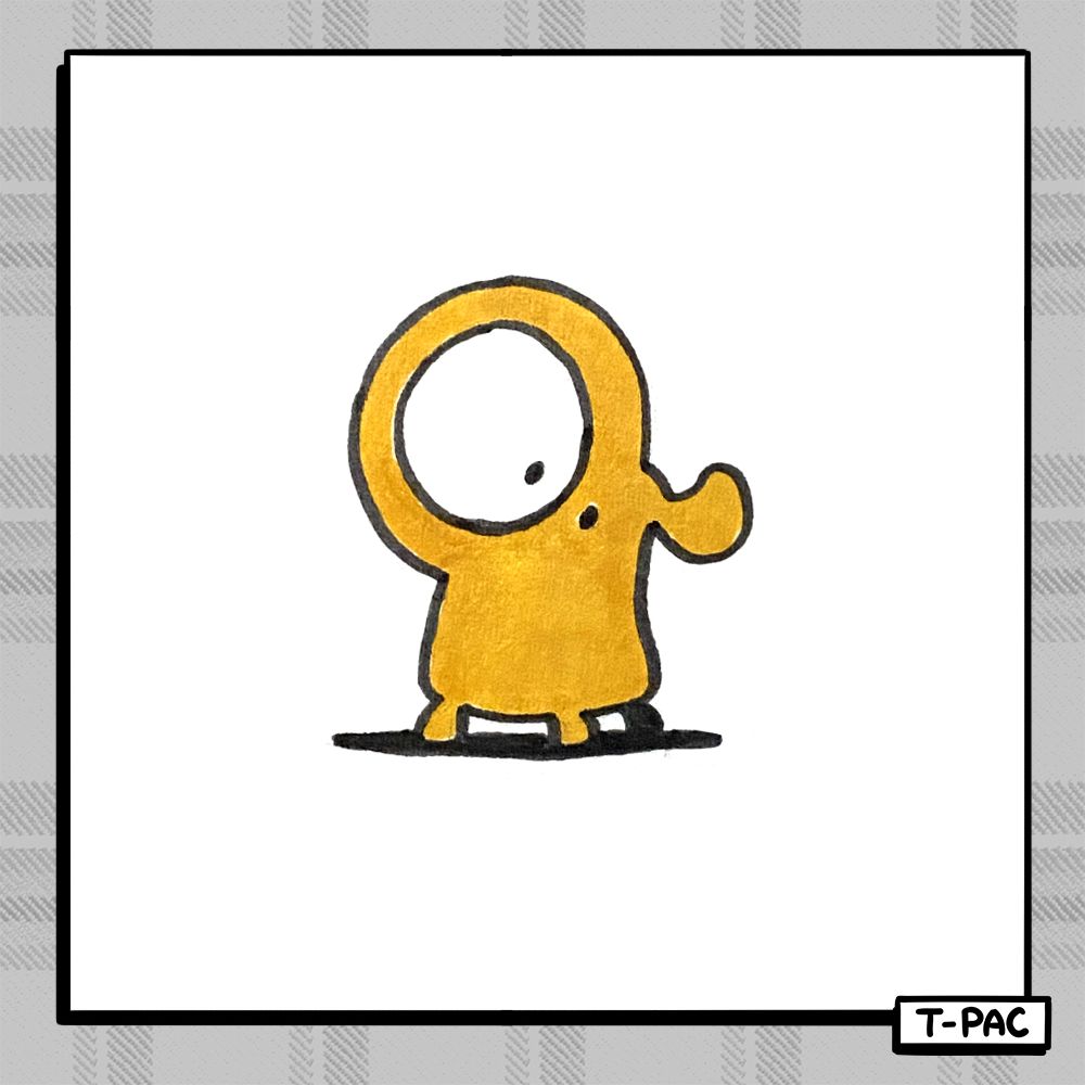 [marker drawing of a little yellow creature]