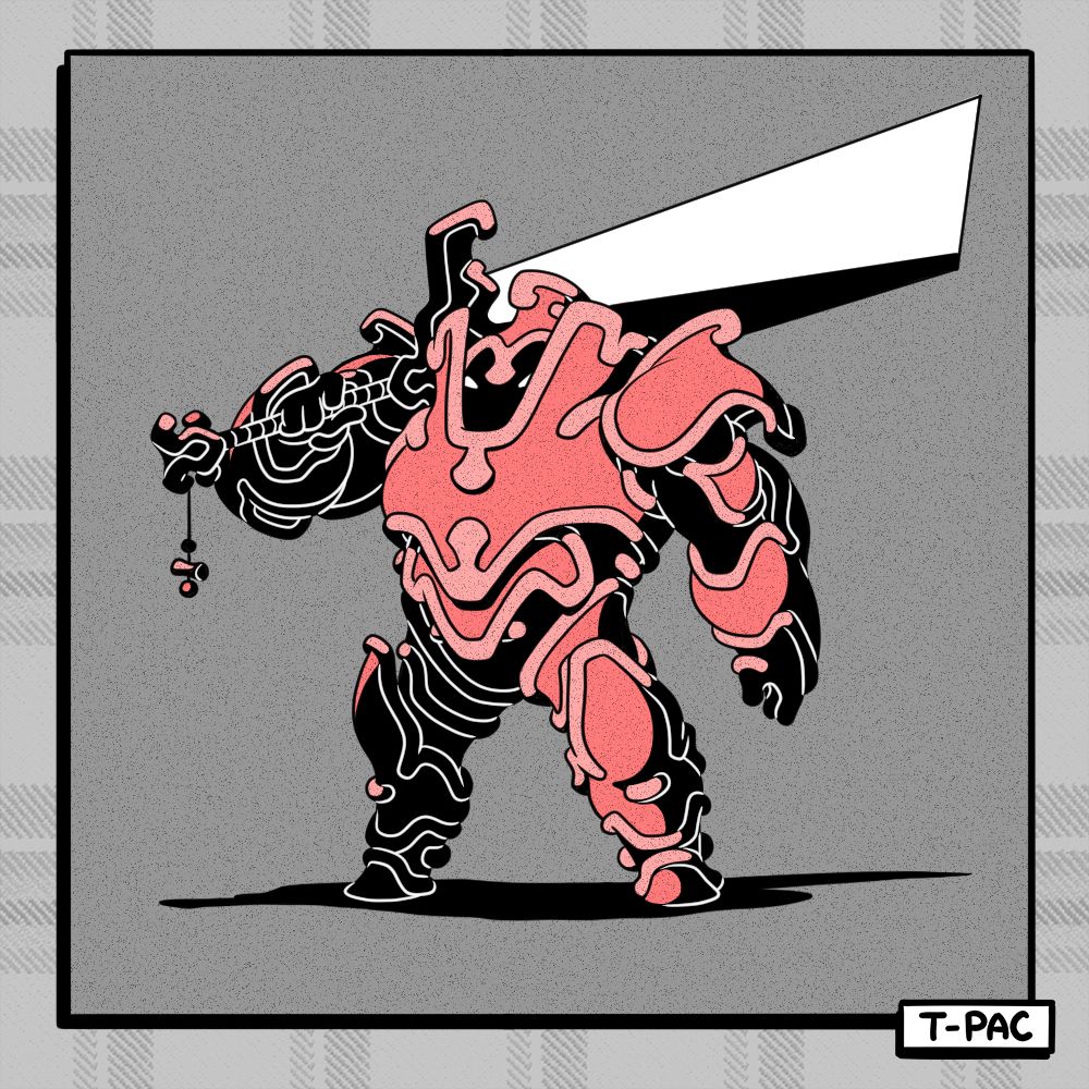 [cartoon drawing of a heavily armored character with a huge sword resting on their shoulder]