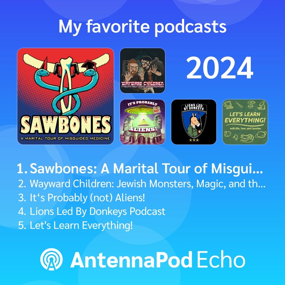 My top five podcasts, according to my podcast app Antennapod. Number 1: Sawbones: a marital tour of misguided medicine. Number 2: Wayward Children: Jewish monsters, magic, and (it's cut off by an ellipsis). Number 3: It's Probably Not Aliens. Number 4: Lions Led By Donkeys. Number 5: Let's Learn Everything!