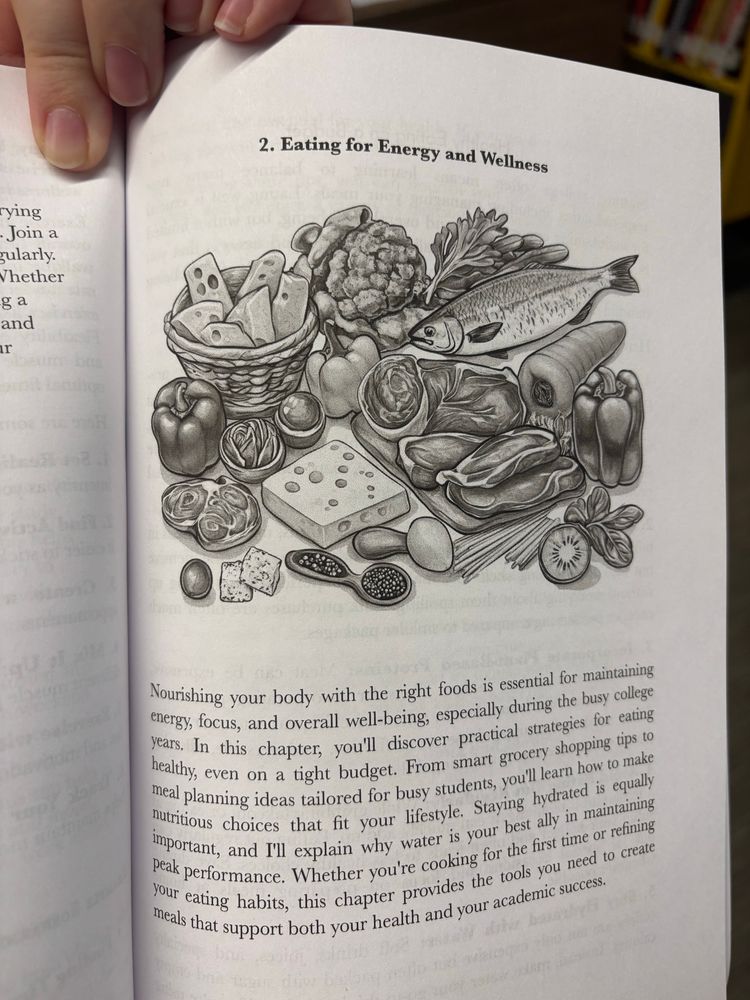 2. Eating for energy and wellness chapter with a poor image of a “balanced diet”. The carrot in particular looks dubious, as well as a very strange bowl or spoon of something in the front of it. 