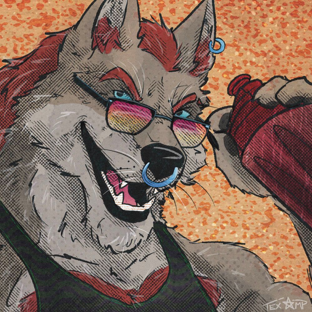 beefy werewolf with a septum piercing, sunglasses, and a protein shaker in a tank top