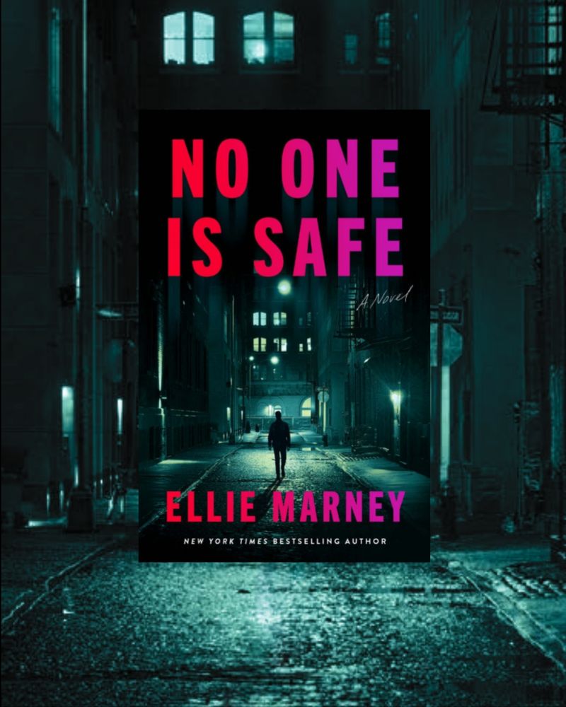 social media tile - book cover for NO ONE IS SAFE by Ellie Marney is pictured against the teal-washed alley background used in the cover itself