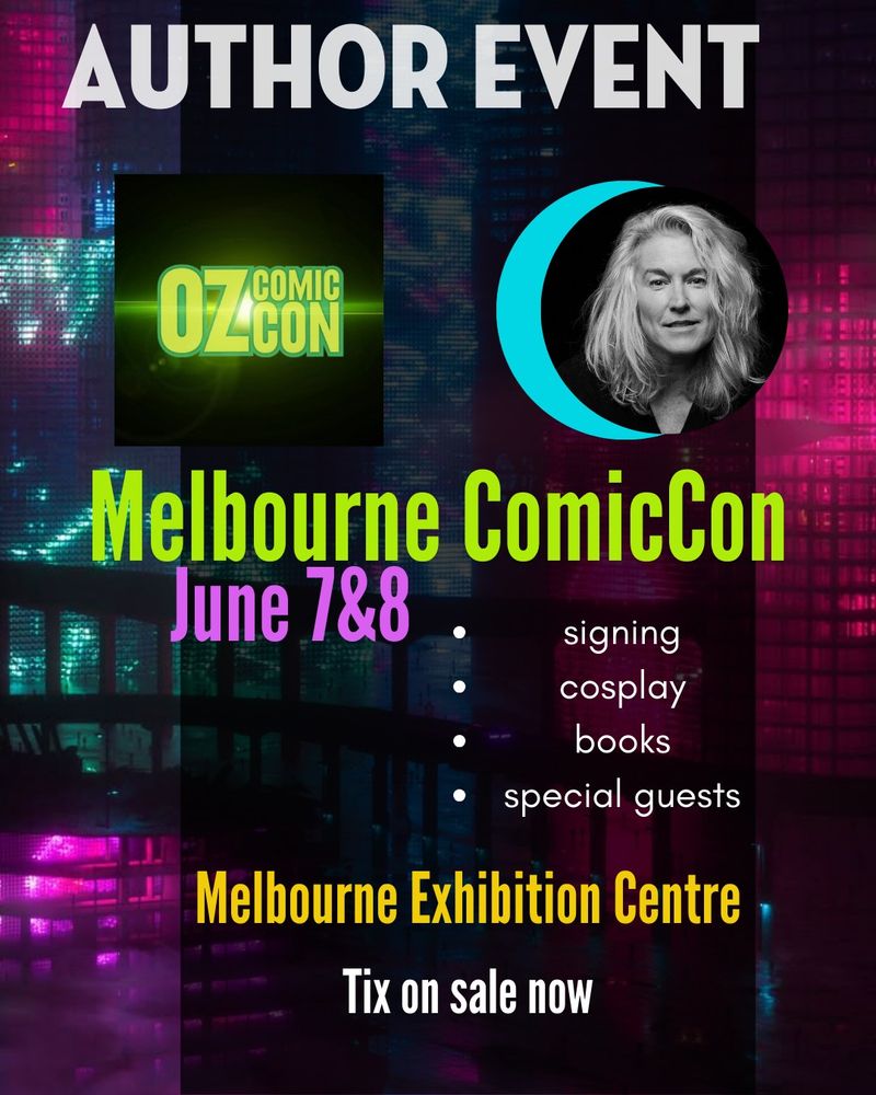 fancy neon themed social media tile for Ellie Marney's author event: Melbourne OzComicCon, June 7&8 (signing, cosplay, books, special guests), Melbourne Exhibition Centre, tix on sale now