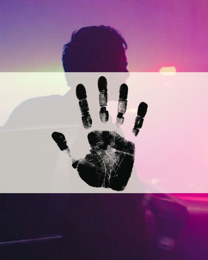 social media tile - background is blue-purple image of a man int car lights at night, foreground is a black handprint on a white transparent banner
