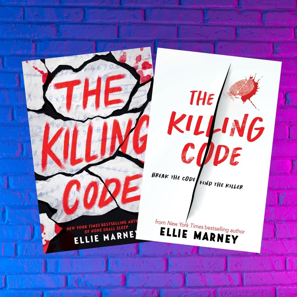 social media tile - against a blue-purple gradient background of rough bricks, the US and Australian covers of THE KILLING CODE by Ellie Marney are attractively displayed