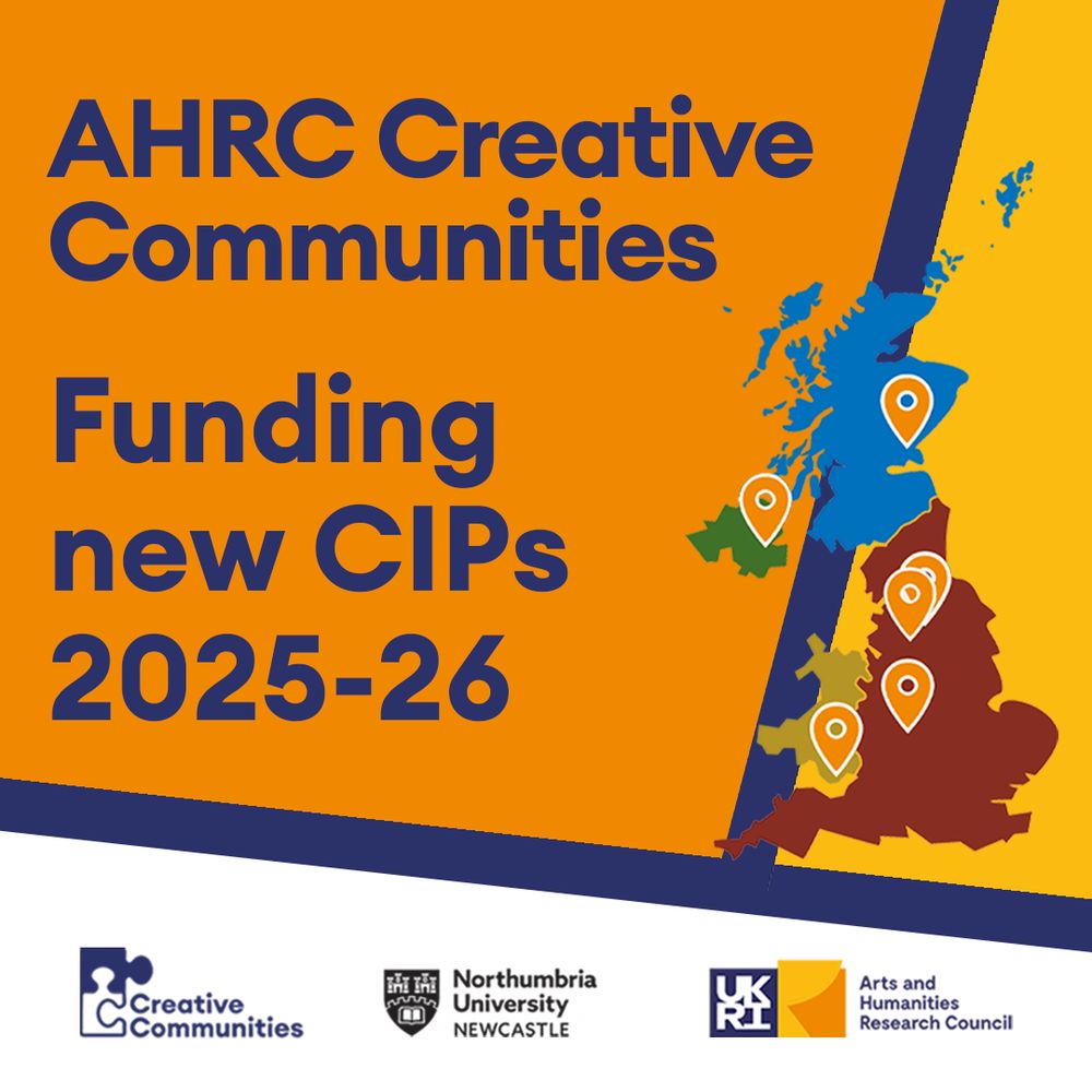 An orange rectangle bordered by a dark blue line and a yellow triangle. Blue writing reads ‘AHRC Creative Communities Funding new CIPs 2025-2026’. An image of a map of the UK sits across all three shapes. The four nations of the UK are different colours and location pins point to specific cities taking part in the project. The logos of partners run along the bottom of the graphic in a white box.
