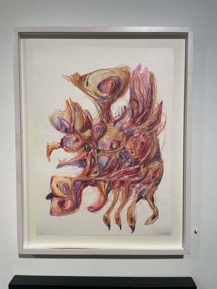 Untitled (2019) biomorphic drawing suggesting imbricated swans’ heads and other figures in red, yellow, and purple by Přemysl Martinec
