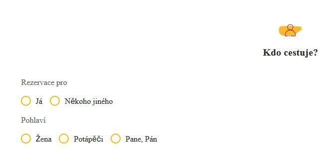 Printscreen obrazovky check-inu, kde mám zaškrtnout, jestli chci rezervaci pro sebe nebo někoho jiného, následuje položka Pohlaví, kde si můžu vybrat ze tří možností: Žena, Potápěči, Pane, Pán.