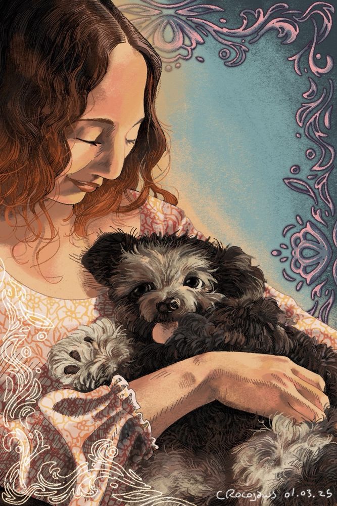 Painting of a young woman holding a puppy. 