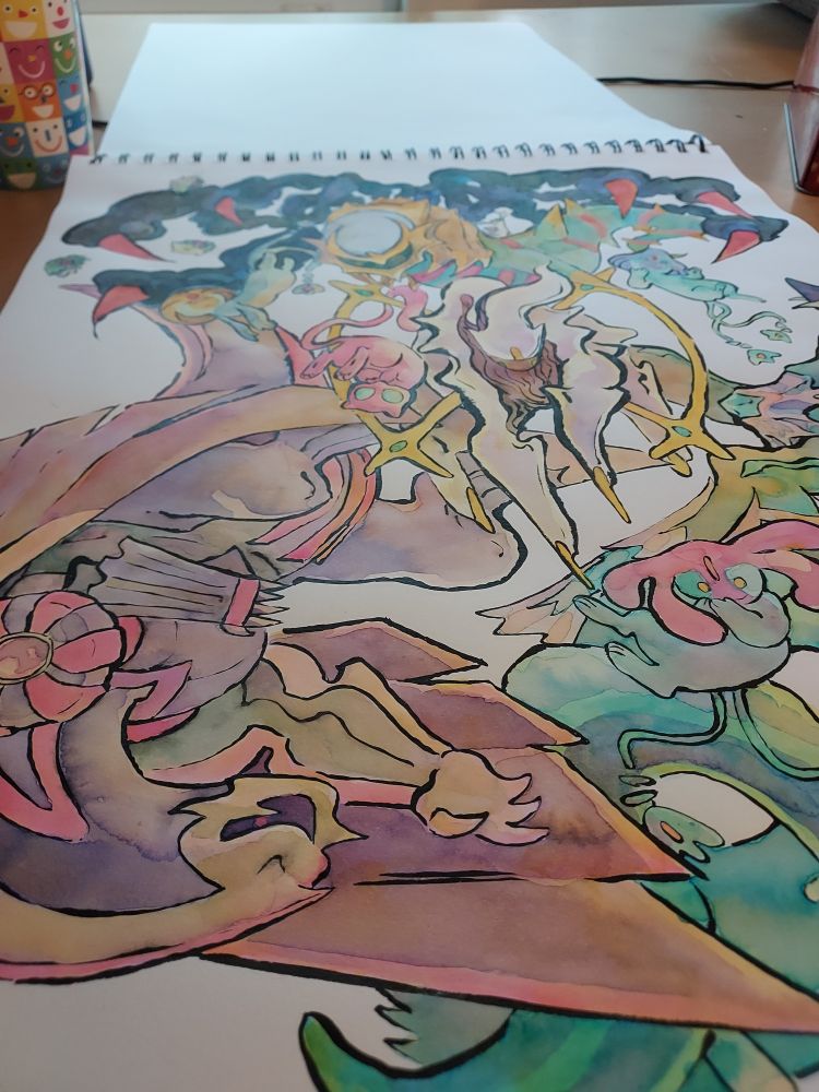 Photo at an extreme angle of a watercolor painting featuring the legendaries from Gen 4, and also mew.