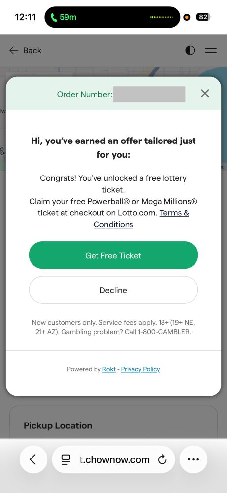 A screenshot of an order confirmation that shows an offer for a free lottery ticket.