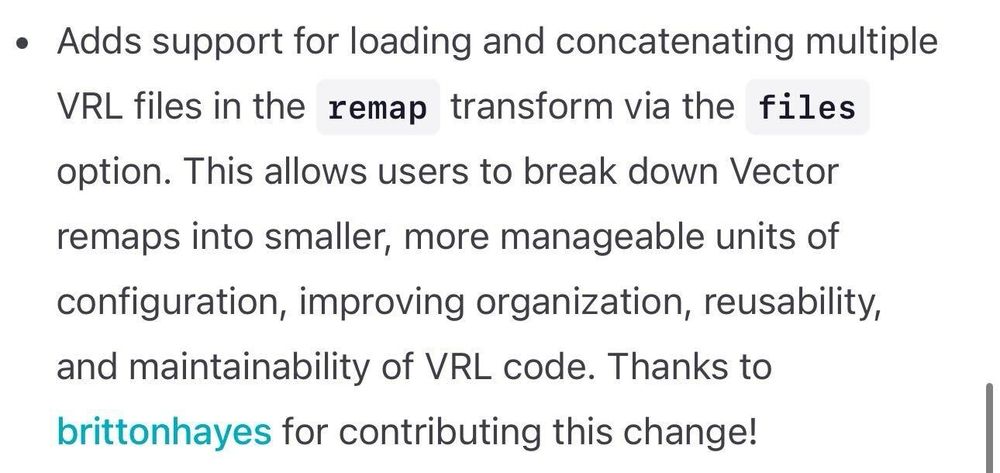 A feature description of the new files property for a vector remap language remap transform. The files property enables code reuse and organization, improving the maintainability of VRL code. 