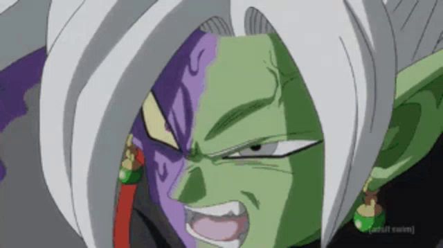 a close up of a cartoon character with a purple face and green hair