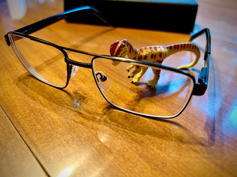 A green Dilophosaurus with brown spots poses with an overdue pair of new glasses after pandemic setbacks and other nonsense. The black case is behind them and all are atop a brown kitchen table.
