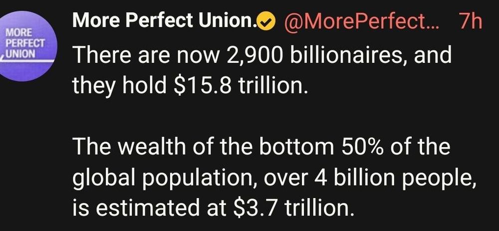 
More Perfect Union
@MorePerfectUS
7h
There are now 2,900 billionaires, and they hold $15.8 trillion.

The wealth of the bottom 50% of the global population, over 4 billion people, is estimated at $3.7 trillion.