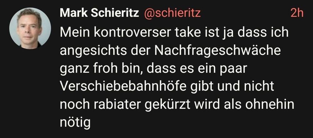 Mark Schieritz
Mein kontroverser take ist ja dass ich angesichts der Nachfrageschwäche ganz froh bin, dass es ein paar Verschiebebahnhöfe gibt und nicht noch rabiater gekürzt wird als ohnehin nötig
