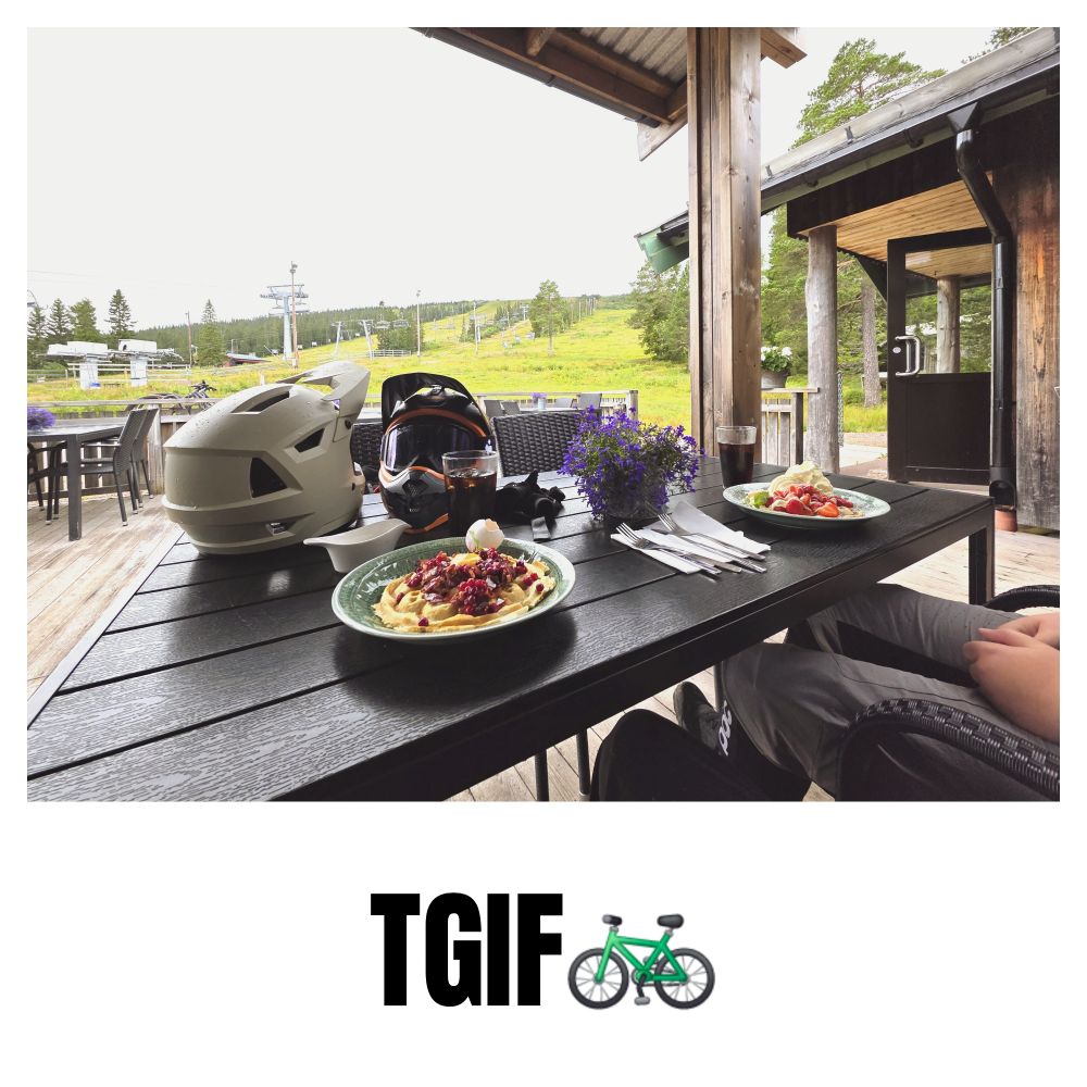 Picture of down hill slopes, helmets and waffles.
Captioned: TGIF 🚲