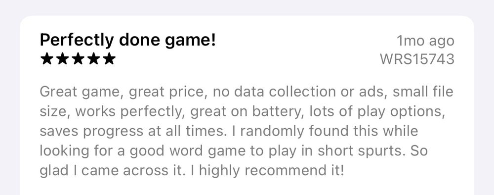 An App Store screenshot of a five star review of “LOSER-A Word Game.”