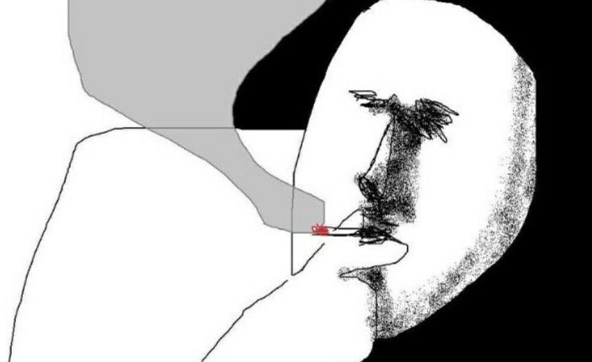 Poorly drawn illustration of a person smoking and looking harrowed.