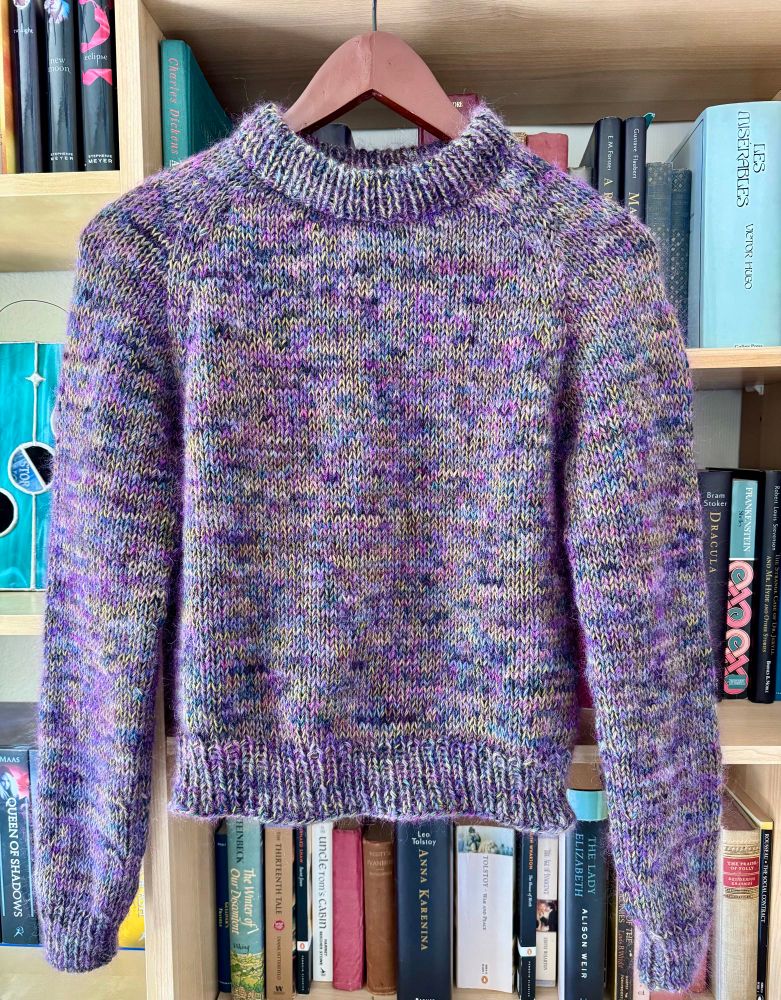 A marled purple, green, and blue sweater hangs on a bookshelf.