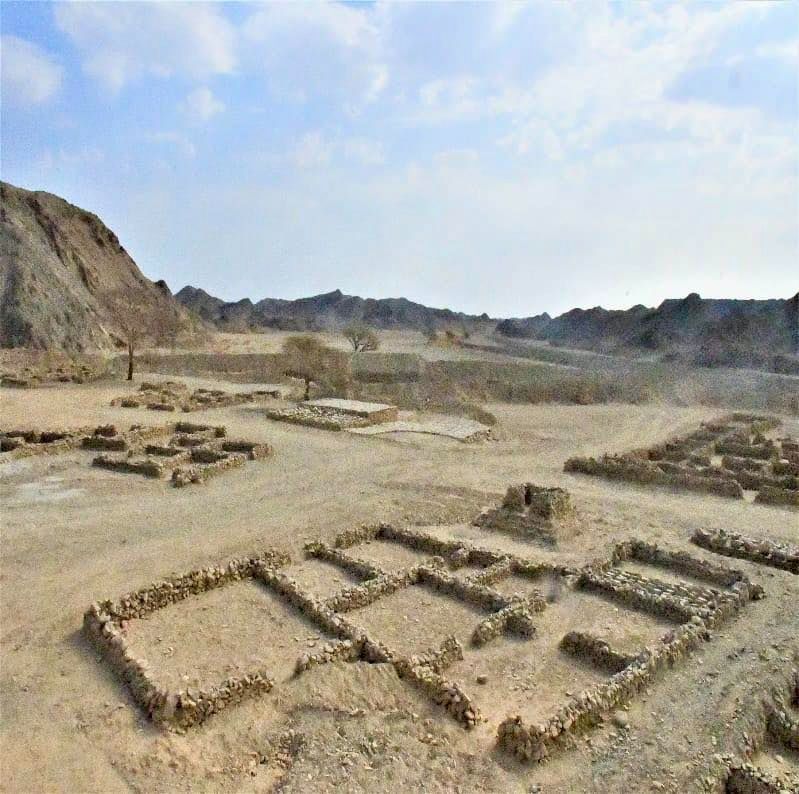 A imagem mostra um sítio arqueológico em uma área desértica, cercada por colinas e montanhas de rocha escura ao fundo. O solo é árido e coberto de poeira clara. Espalhadas pela paisagem, há diversas estruturas retangulares de pedra, formadas por muros baixos de pedras empilhadas, indicando as fundações de antigas construções. Algumas das estruturas têm divisões internas, sugerindo que eram casas ou oficinas. Árvores secas e esparsas aparecem no terreno. O céu está parcialmente nublado, com tons azulados e brancos suaves. 