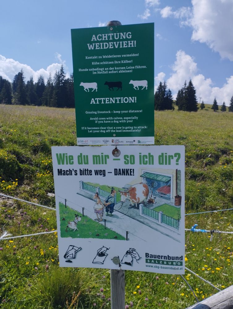 Photo d'un panneau devant un paysage de pâturage montagnard.
On voit un chien qui fait caca dans un champ et une vache qui fait caca devant le garage d'une personne (qu'on comprend être le propriétaire du chien).
Il est écrit : Wie du mir-so ich dir ? Mach's bitte weg. Danke.