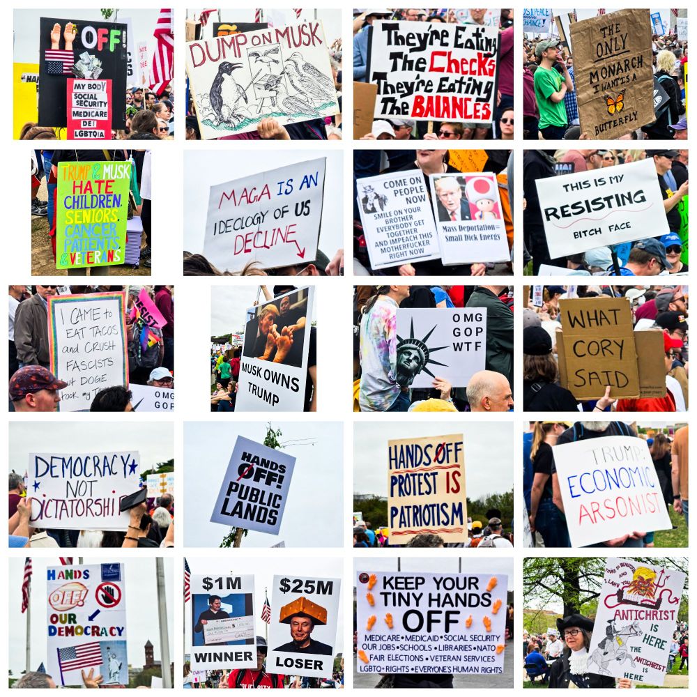 Collage of multiple signs seen at the Hands Off protest in Washington DC on Saturday 4/5/25